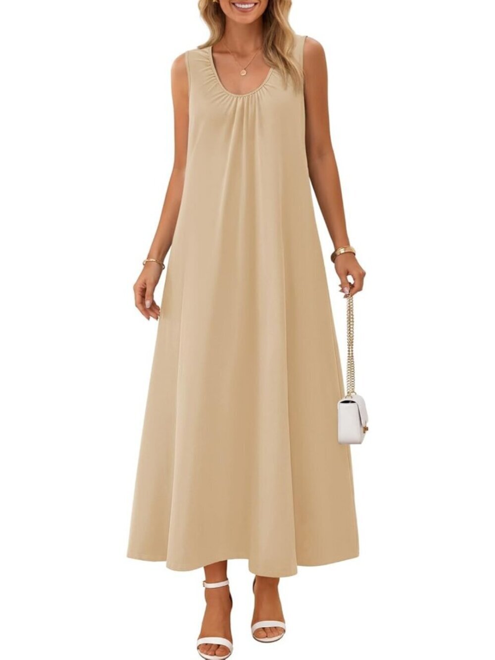 Women's Apricot Sundresses Ruch Beach Summer Sleeveless Loose Tank Maxi Dress